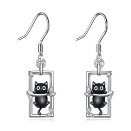 Black Cat Earrings 925 Sterling Silver Black Cat Dangle Drop Earrings Jewelry Cat Gifts for Women Mother Wife