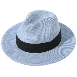 Lanzom Women Wide Brim Straw Panama Roll up Hat Fedora Beach Sun Hat UPF50+ (Light Blue)
