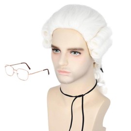 Soyusunny Long Powdered Wavy Wig Judge Colonial Wigs with Glasses (White)