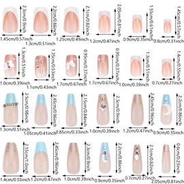 48 PCS Long Acrylic Press on Nails Nude Square Fake Nails,Butterfly Moon Design Nails with French Glitter Acrylic Nude Full Cover Fake Nails with Designs Nail Tips for Women Girls