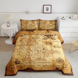 Feelyou Nautical Island Map Soft Comforter Set Kids Vintage Old Map Pirate Ship Bedding Set Ocean Ancient Pirate Skull Quilt Set Decor Bedroom Collection 3Pcs Queen Size