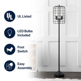 JONATHAN Y JYL4030A 65" Industrial Metal Floor Lamp, Rustic Black and Silver Farmhouse Standing Lamp for Living Room, Bedroom, Tall Reading Lamp with Metal Wire Cage Shade, 2 Edison Bulbs Included