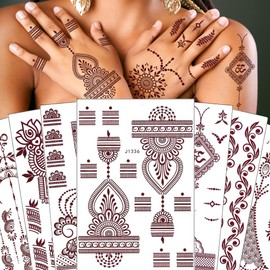XMASIR 12P Brown Henna Tattoos Sticker, Waterproof Fake Temporary Tattoos Mehndi Mandala Tattoos Stickers for Women Girls Festival Party