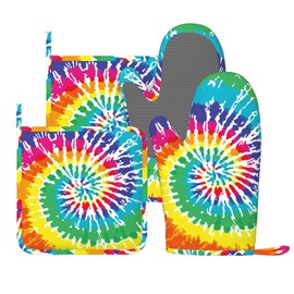 Bright Rainbow Colorful Tie Dye Oven Mitts and Pot Holders Set of 4 Silicone Heat Resistant Oven Mitten Potholders Non Slip Gloves Kitchen Decor for BBQ Cooking Grilling Baking