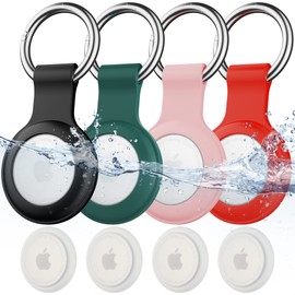 Paquete de 4 llaveros impermeables IPX8, con funda de silicona suave, ligero, antiarañazos, fácil instalación, soporte de etiqueta de aire a prueba de golpes para equipaje, llaves, collar de perro, etc.