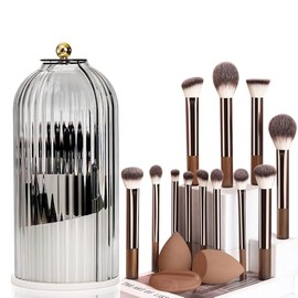Juego de 16 brochas de maquillaje profesionales, que incluye 12 brochas de maquillaje, 3 borlas para polvos y 1 porta brochas de maquillaje (marrón)