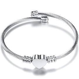 Stainless Steel Adjustable Cable Wire Heart Charm Bangle Bracelet Anniversary (Silver), Stainless Steel
