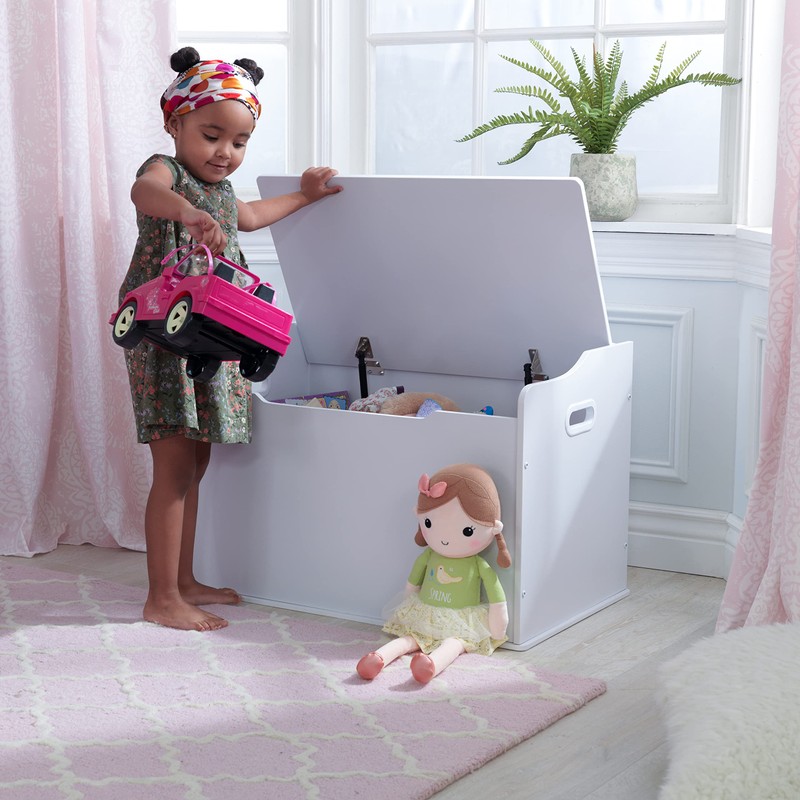 KidKraft Austin Wooden Toy Box/Bench with Safety Hinged Lid, White,