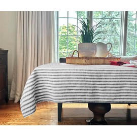 Black and White Striped Tablecloth, 100% Linen Tablecloth 120x63 Inch – Rectangle Table Cover for Kitchen, Dining, Farmhouse, or Outdoor Use – Soft, Durable, Washable