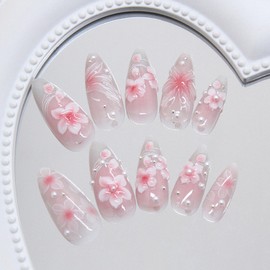 CJDLTS Pink Flower Press on Nails Medium Almond Shaped Artificial Acrylic Nails Gradient 3D Floral with Pearl Design Stick on Nails Full Cover Reusable Coffin Artificial Fingernails for Women Manicure