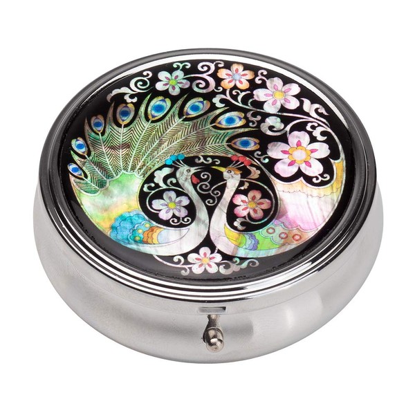 Mother of Pearl Peacock Pill Box 1 Pair Compact 3 Compartments Portable Round Travel Camping Vitamins Medicine Organizer for Pocket Purse