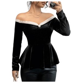 SweatyRocks Women's Off The Shoulder Peplum Blouse Top Velvet Long Sleeve Ruffled Hem Babydoll Tops Black Large