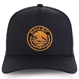 Trendy Apparel Shop Nayarit Mexico Circular Patch Structured 5 Panel Pro Style Mesh Back Cap - Black - Gold Patch