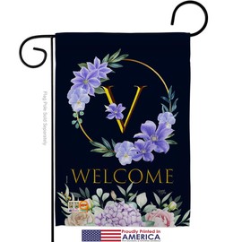 Welcome V Initial Garden Flags Pack Monogram Floral Sunflower Tulip Rose Orchid Lilies Season Springtime Flower Wreath Support Our Troops Small Gift Yard House Banner 13 X 18.5