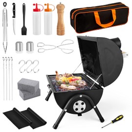Portable Charcoal Grill Set of 23, HaSteeL Small Compact BBQ Grill, Mini Folding Outdoor Grill with Chimney, Tabletop Grill & Grilling Accessories for Barbecue Camping, Screwdriver & Thermometer