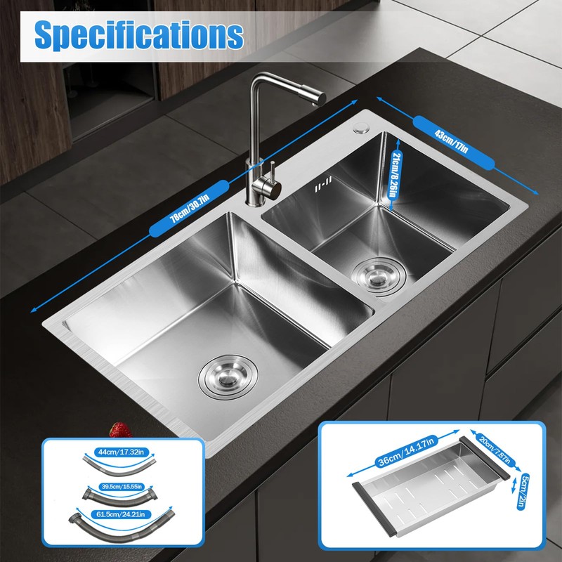 ZERNEIL 30" Drop In Stainless Steel Double Bowl Kitchen Bar