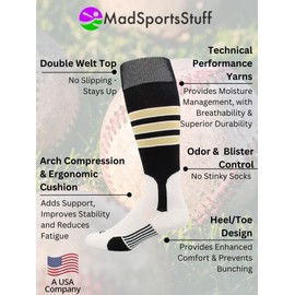 MadSportsStuff Baseball Stirrup Socks 3 Stripe (Black/Vegas Gold/White, Small) - Black/Vegas Gold/White,Small