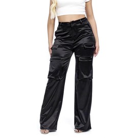 Baczoe Black Cargo Pants for Women Satin Silk Solid Color Straight Leg Trousers (Black, L)