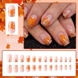 Fall Maple Leaf Press on Nails Short Square Fake Nails Full Cover Autumn Maple Leaves Artificial Nails Thanksgiving Nail Decoration Gold Glitter Glue on Nails for Women Designs 24Pcs