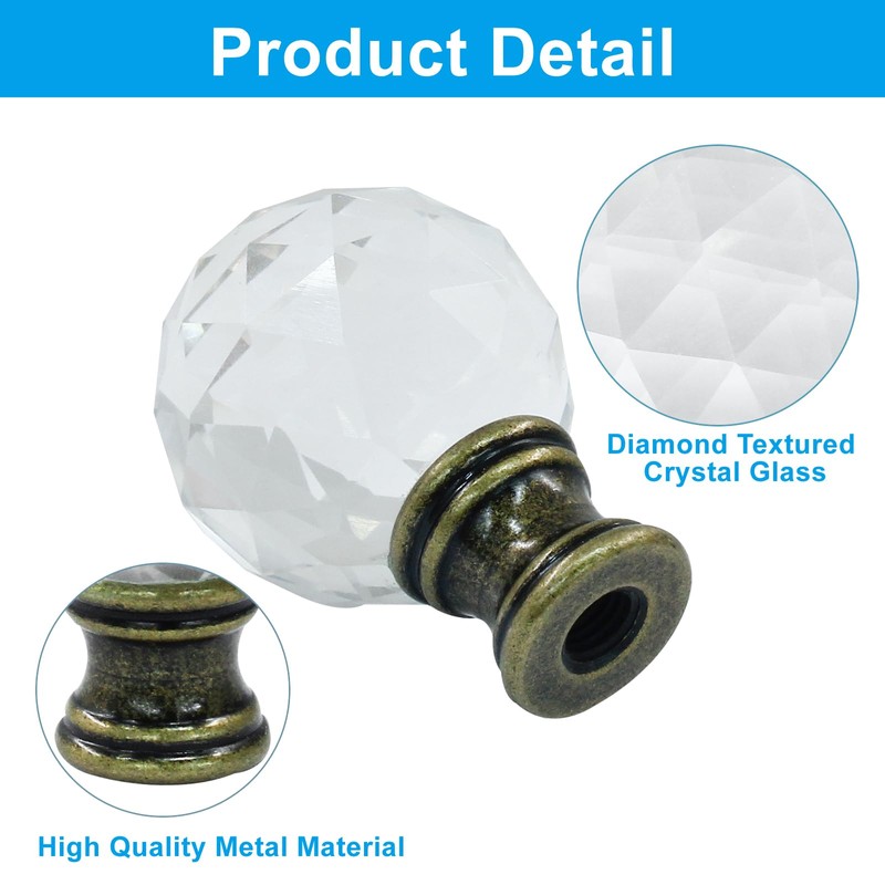 Seimneire Diamond Crystal Glass Lamp Finials, Clear Lamp Shade Top