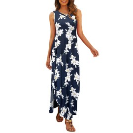 Hount Women's Casual Summer Sleeveless Dress Loose Split Maxi Dresses with Pockets (F-Navy White, Small)
