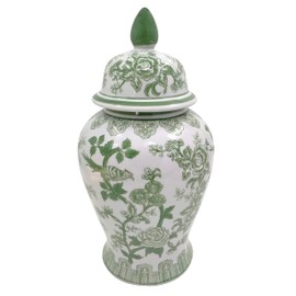 Sagebrook Home 18" Temple Jar with Lid - Ceramic Green and White Floral Chinoiserie Decorative Stoneware for Home, Office, Gift Idea