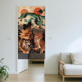 SUPERDANT Tapestry with Dragon and Tiger Motif, Mountain Sun, Wall Blanket, 2 Pieces, Samurai Ghost Long Tapestry, Wall Hanging with Tassel Design for Living Room, Bedroom Decoration