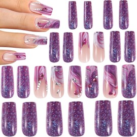 Winsyison 24pcs Press on Nails, Sparkly Purple Acrylic Press on Nails, Medium Length Square Glue on Fake-Nails Reusable Manicure Supplies Kits for Women Wedding Prom Party Dating