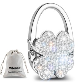 Mifoneix Bling Clover Design Purse Hook for Table，Foldable Handbag Hanger ，Table Glitter Purse Hanger，Sparkle Metal Folding Bag Holder（Silver）