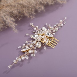 Teyglen Gold Wedding Rhinestone Hair Comb with Pearl Crystal Hair Side Comb Bridal Headpiece Party Prom Head Piece Hair Accessories for Women Bridesmaid(Gold)