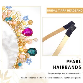 Bessney Crystal Bridal Headband Gold Pearl Hair Band Beaded Hair Hoop Headpiece Birthday Wedding Hair Accessories for Women and Girls