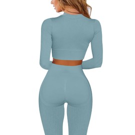 Women Yoga Outfit Fitness Sportswear Suit 2 Piece Seamless Long-Sleeve Full Zip Crop Top+High Waist Running Legging Sets(Blue,M)