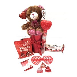 Cute Kiddy Valentine's Day Chocolate Candy Bouquet Gift Basket DIY~ Decorated Bouquet with Tan Chocolate Scented Bear Assorted Favors and Treats