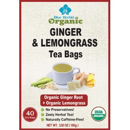 Organic Ginger Root and Lemongrass Tea Bags - Zesty Superfood Herbal Drink - Caffeine Free - 40 Natural Corn Fiber Sachets