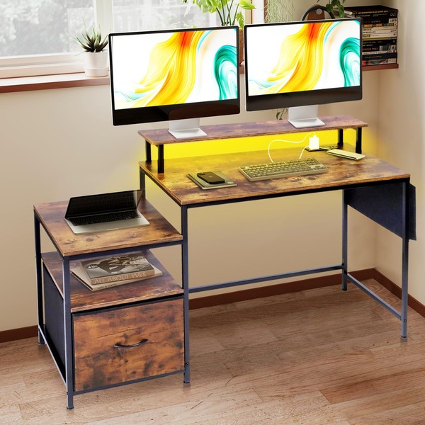 FurnitureR Computer Desk with LED Lights, Monitor Stand, USB Charging