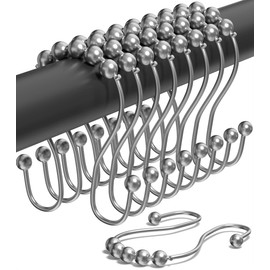 Shower Curtain Hooks Rust Proof (Set of 12) - Stainless Steel Shower Curtain Rings - Anti Slip Roller Balls for Easy Glide (Omega Double Hooks, Chrome)