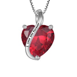 YL Women's Necklace 925 Sterling Silver "I Love You" Pendant 12 Birthstone Cubic Zirconia Necklace Jewellery Gifts for Mother Girlfriend Women, Silver, Ruby
