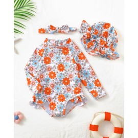 Baby Swimsuit Girl 3-6 Months Infant Girls One-Piece Swimsuits Ruffle Orange Daisy Long Sleeve Newborn Bathing Suit with Hat Cute Rash Guard Baby Beach Essentials Swimwear