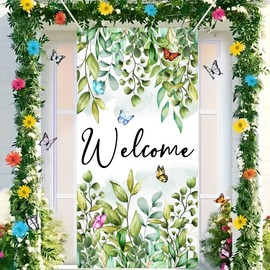 Spring Summer Door Cover Decoration Eucalyptus Welcome Door Porch Sign Banner for Summer Holiday Party Decorations Supplies Backdrop Indoor Outdoor Decor 35.4 x 70.8 Inches (Spring 4)