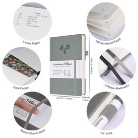 OFFIGIFT Bullet Dotted Journal Kit, 140gsm Hardcover A5 Dotted Journal with 188 Numbered Pages and 3 Index, 12 Brush Pens Dual Tip, 10 Stencils and 14 Washi Tape for Women Men Teen Girls, Gray