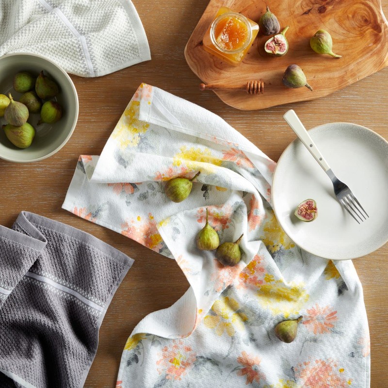 Martha Stewart Amber Floral Kitchen Towel Set 4-Pack, Yellow/Coral, 16"x28"