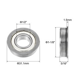 uxcell FR8ZZ Flanged Ball Bearing 1/2 x 1-1/8 x 5/16 inch Double Shielded Chrome Steel Flange Bearings, 10pcs
