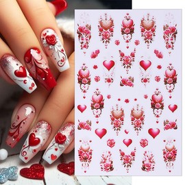 6 Sheets Romantic Valentine's Day Nail Stickers for Nail Art Love Heart Nail Art Stickers 3D Self-Adhesive Red Hearts Nail Supplies Valentines Rose Nail Decals for Women Girls DIY Manicure Decoration
