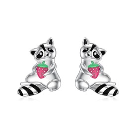YFN Raccoon Earrings Sterling Silver Raccoon Strawberry Stud Earrings Raccoon Jewelry for Women Raccoon Gifts for Raccoon Lovers