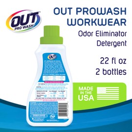 OUT ProWash Workwear Stain Remover Laundry Detergent and Odor Eliminator, Great for Work Clothes, Uniforms, Active Wear, and More, Made in the USA, 22 Ounce Bottle, 2-Pack