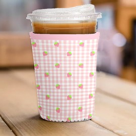 Reusable 3-Pack Iced Coffee Cup Sleeve, Insulated Neoprene, Beverage Holder for Iced Coffee, Durable Drink Sleeve for Cold Beverages, Strawberry Grid