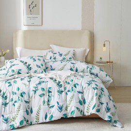 MKXI Rustic Floral Comforter Set White and Blue King Size Botanical Bedding Comforters Branch Floral Duvet Lightweight Turquoise Leaves Pattern Aesthetic Bed Set 1 Comfortert + 2 Pillowcases