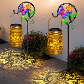 2 Packs Solar Lanterns Outdoor Waterproof Butterfly Solar Lights Garden Decor,Butterfly Gifts for Mom Women Grandma,Metal Decorative Lanterns Outside Decoration for Yard,Patio,LawnTabletop,Pathway