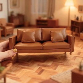 Funky Mini House Miniature Dollhouse Leather Couch -1:12 Scale Mini Sofa Furniture Set with Cushions Fit 3 to 6 inches Doll Figure 1/12 Scale Accessories for Doll House Décor (Brown)