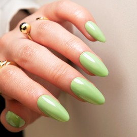 24Pcs Light Green Press on Nails Almond Short Fake Nails with Solid Color Designs Glossy Acrylic Nails Full Cover Reusable False Nails for Women and Girls Stick on Nails DIY Nail Art Decoration